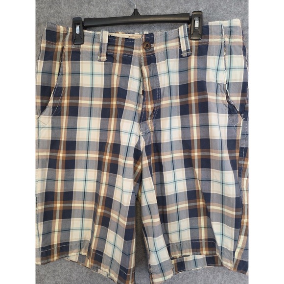 Hollister Mens 35 Blue Plaid Shorts Retro Y2K Button Fly Golf Skate Surf Logo‎ - Picture 1 of 11